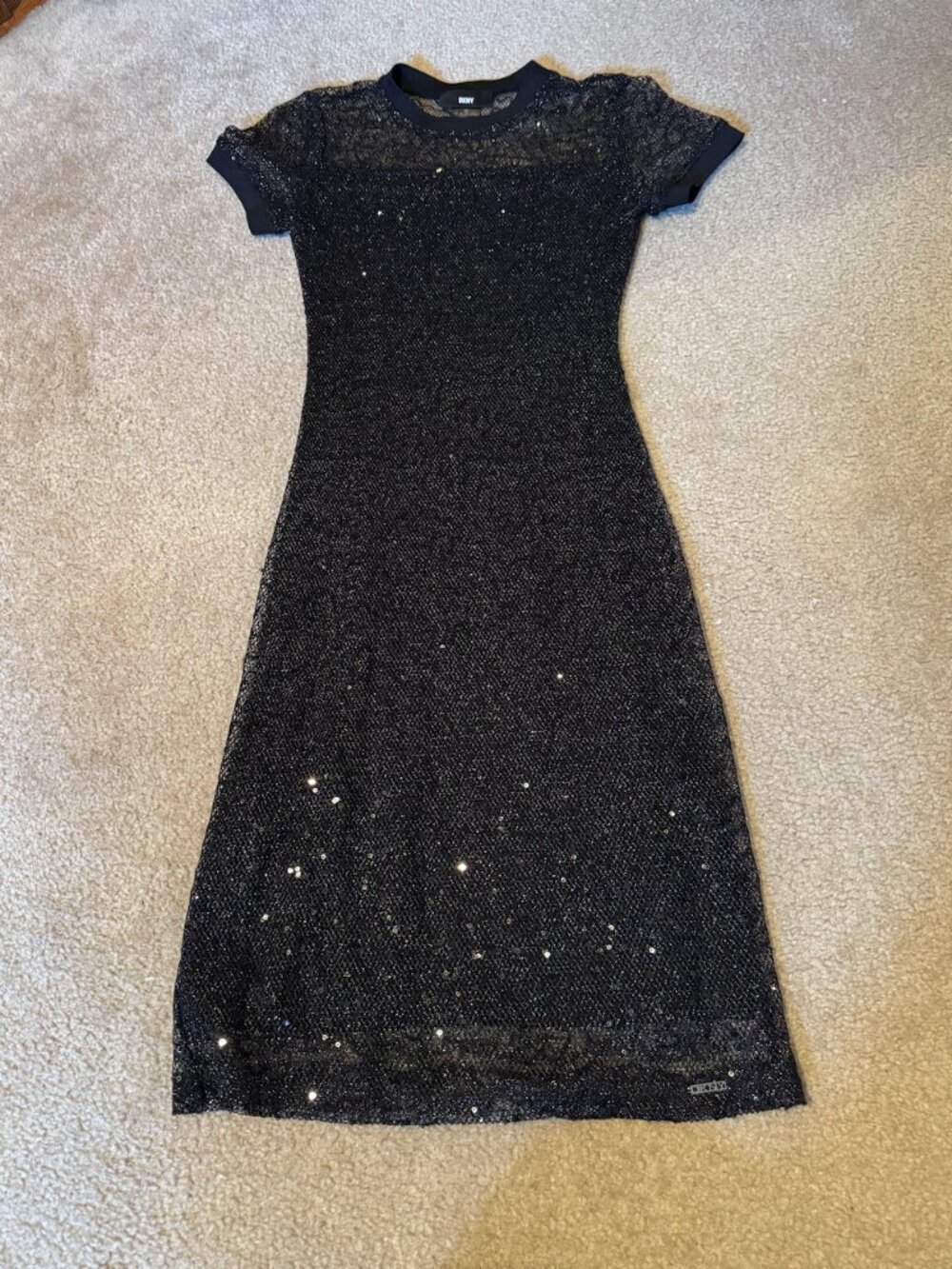 DKNY Black Sequin Mesh Shift Dress Short Sleeve Crewneck XXS